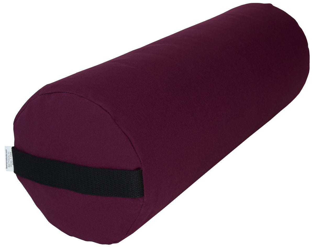 Plum round yoga bolster crafted from organic cotton, cylindrical support cushion for restorative yoga and meditation