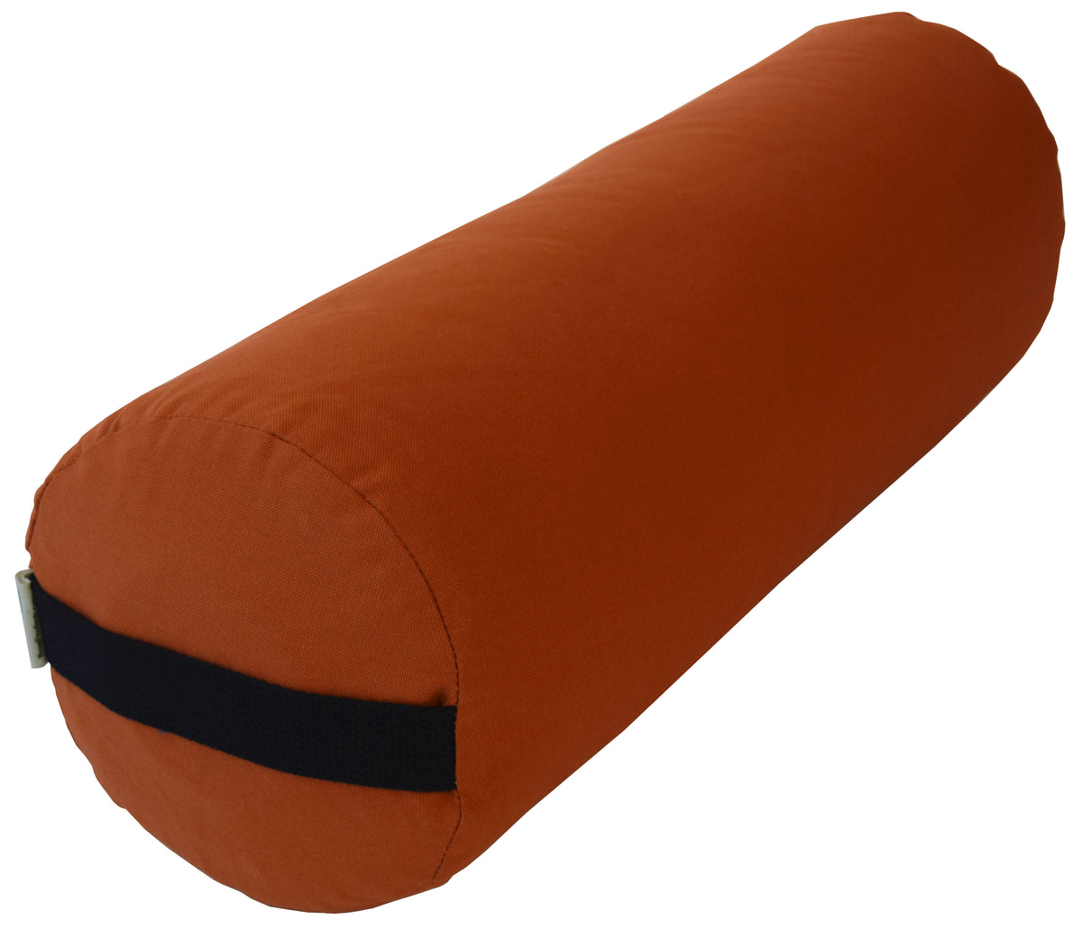 Brown round yoga bolster with organic cotton cover, cylindrical support pillow for yoga, stretching and relaxation