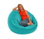 Vinyl beanbag beautiful woman sitting in bean bag chair comfy bean aqua color by Bean Products
