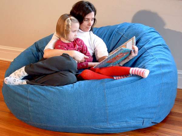 Blue bean bag loveseat family size soft cotton fabric indoor seating