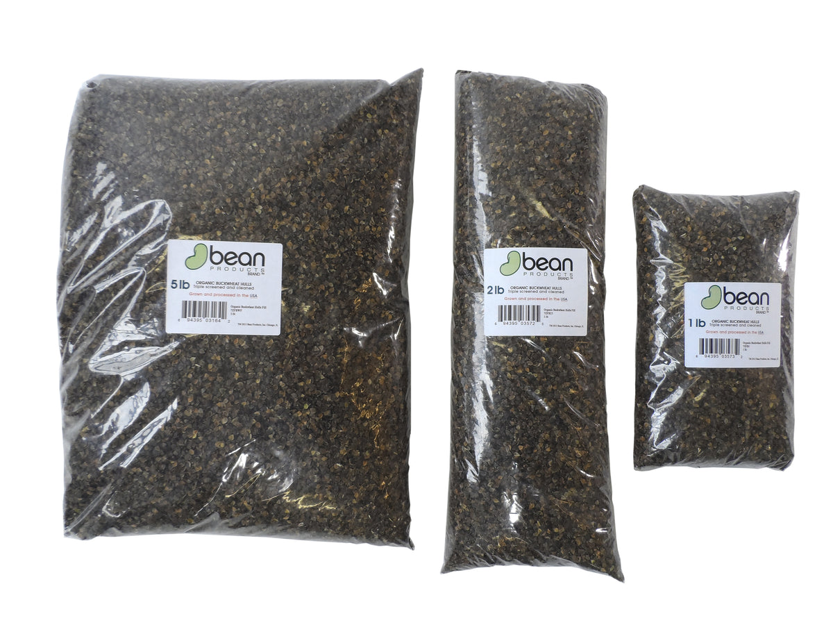 Bulk packaged organic buckwheat hulls in clear bags for pillow and cushion fill