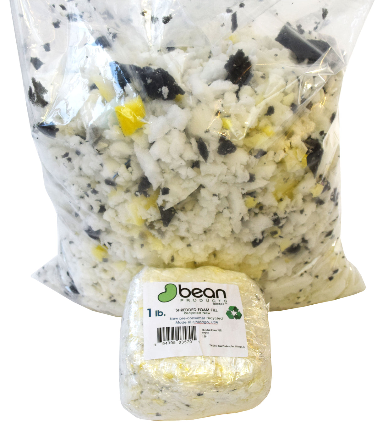 Bag of shredded memory foam fill with sample container for bean bag chair and pillow stuffing