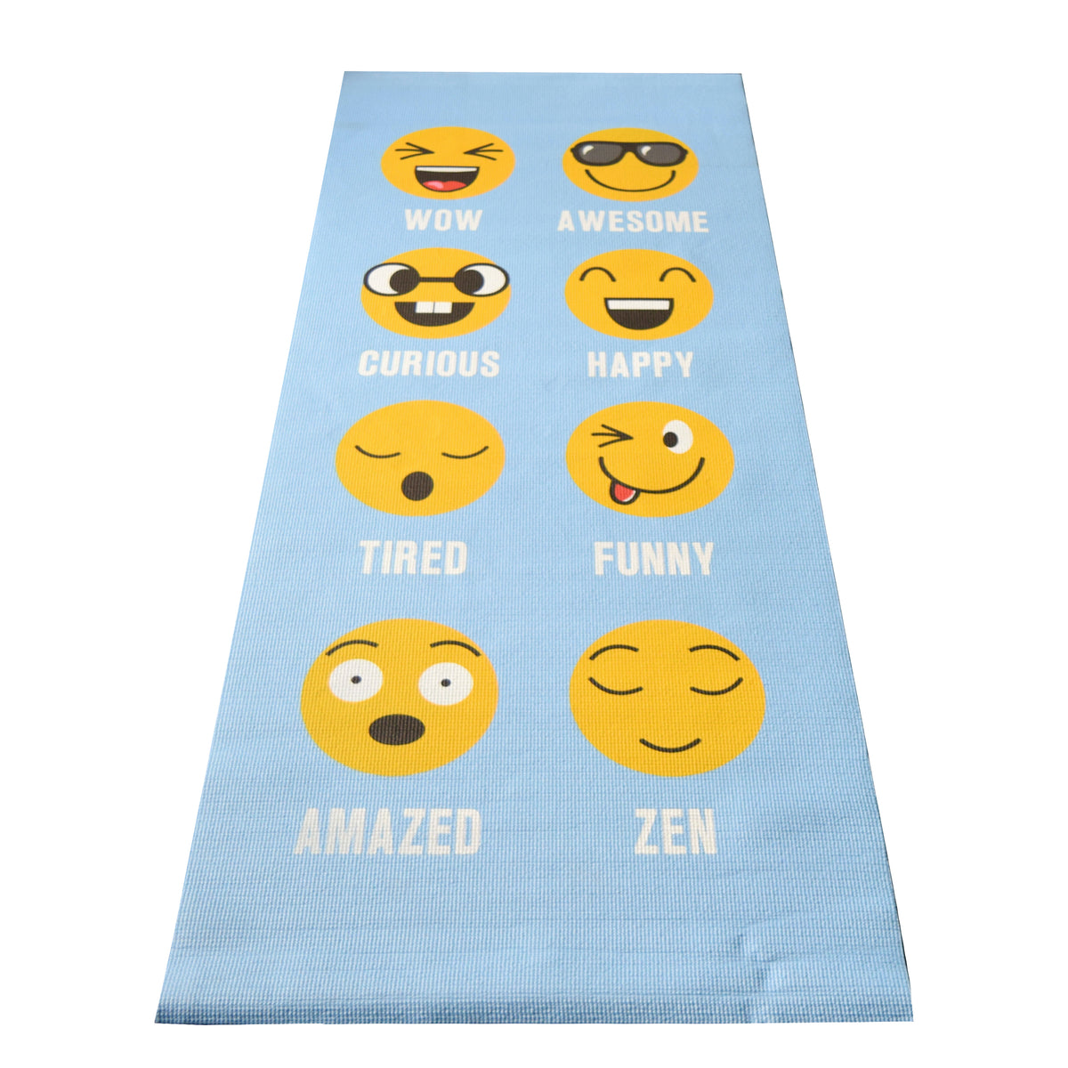 Blue emoji yoga mat with facial expressions, non-slip kids play mat