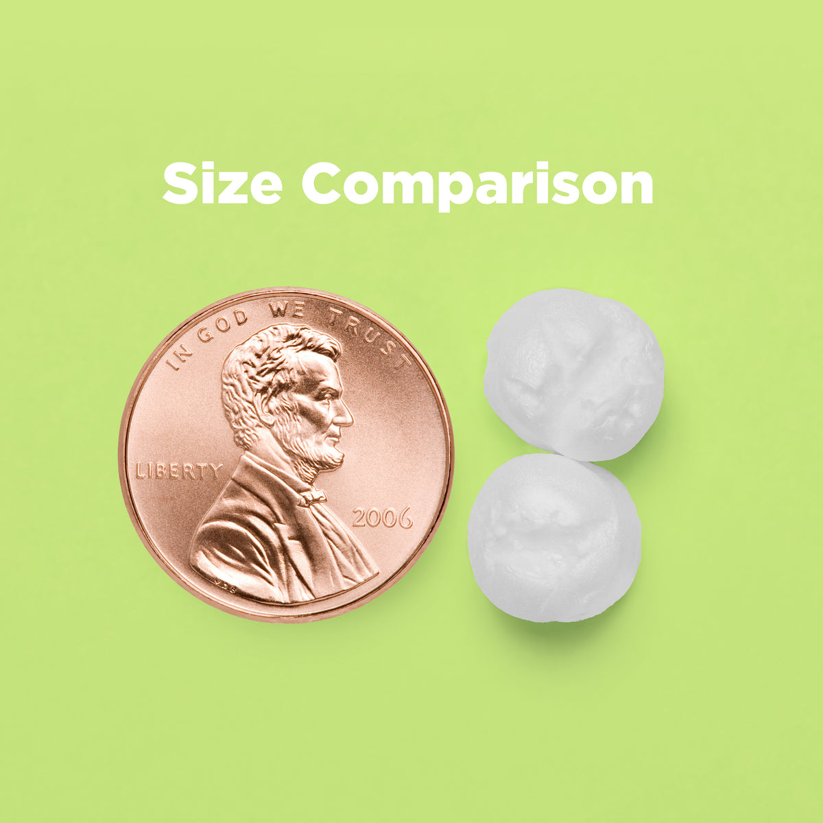 Size comparison of recycled bean bag beads next to coin, showing small lightweight non-toxic filling pellets