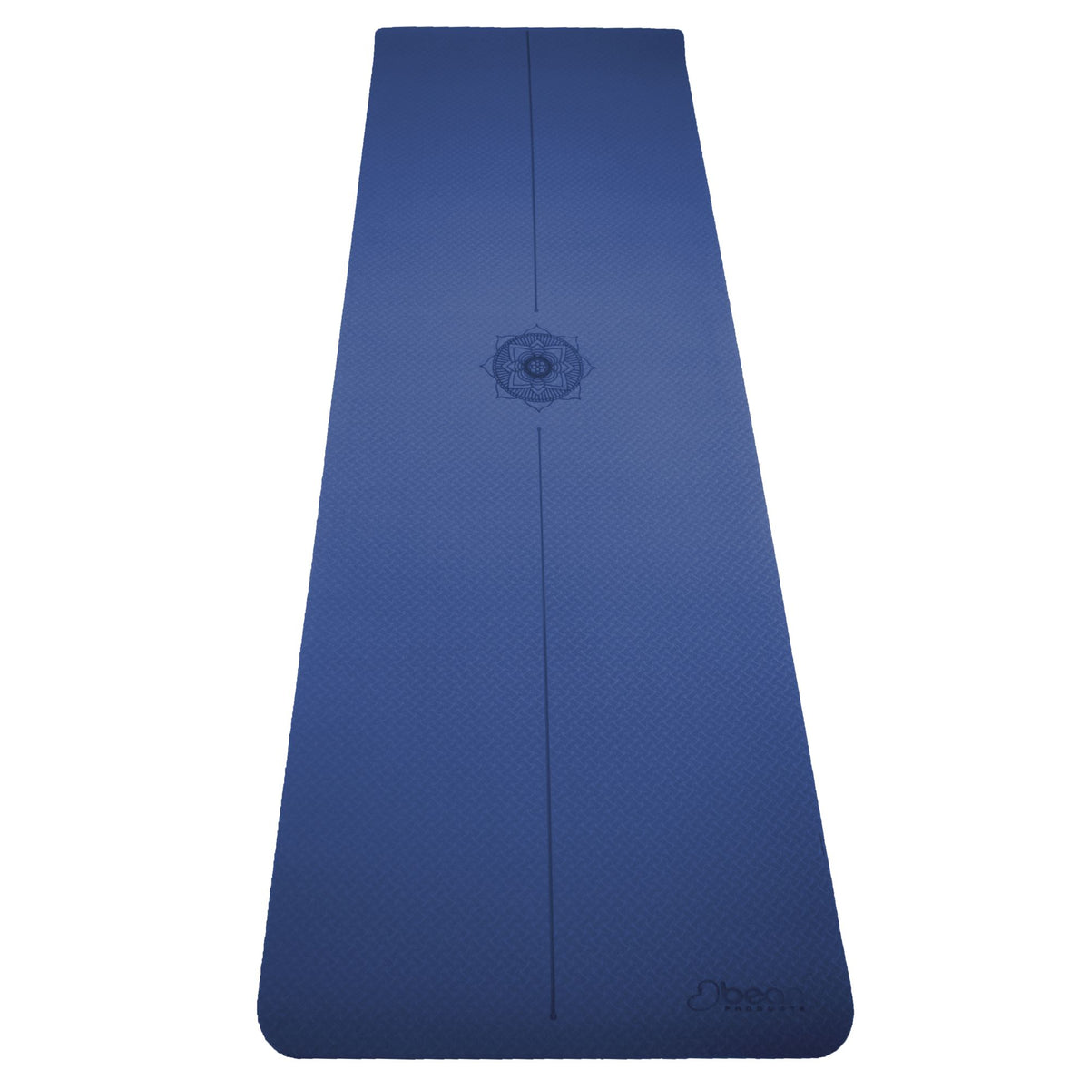Full length top view of dark purple yoga mat with mandala and energy centering line