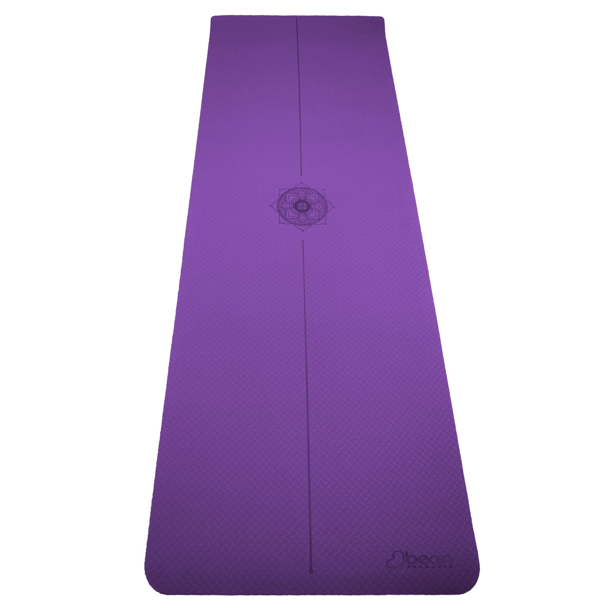 Vertical product view of dark purple yoga mat highlighting full length centering line