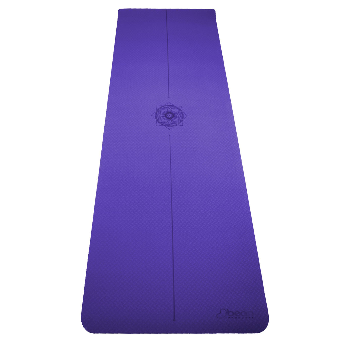Flat lay of dark purple extra thick yoga mat with centered mandala design and alignment line