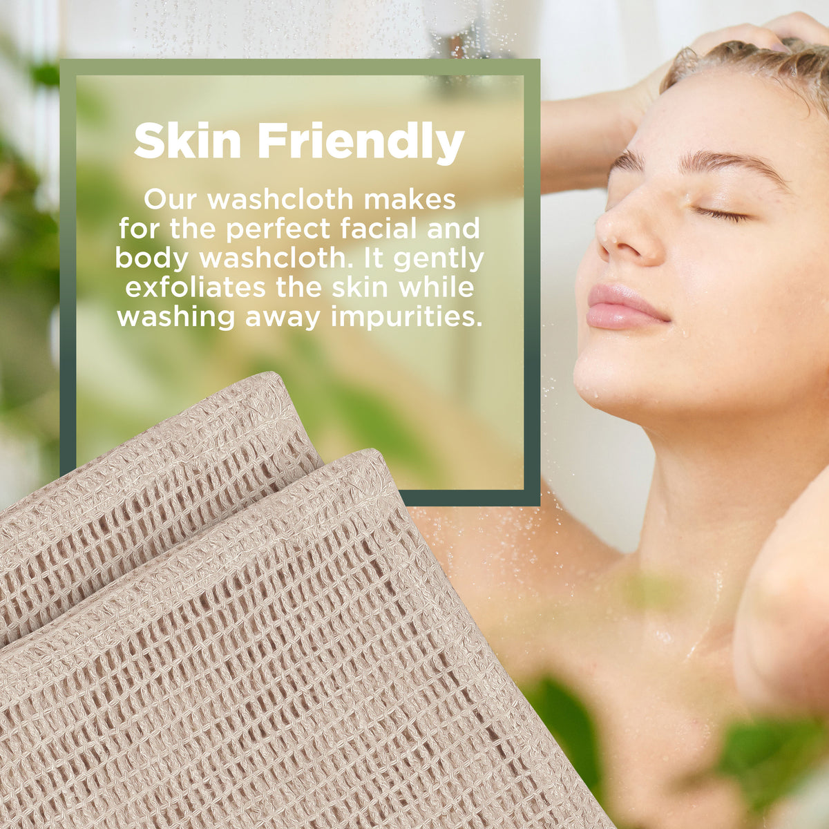 Woman using hemp cotton washcloth, soft natural exfoliating skincare cloth