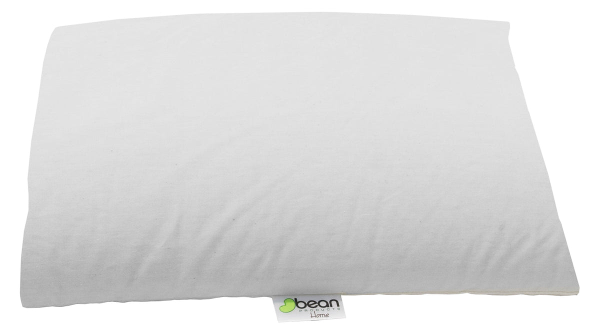 Plain white buckwheat pillow back view with tag