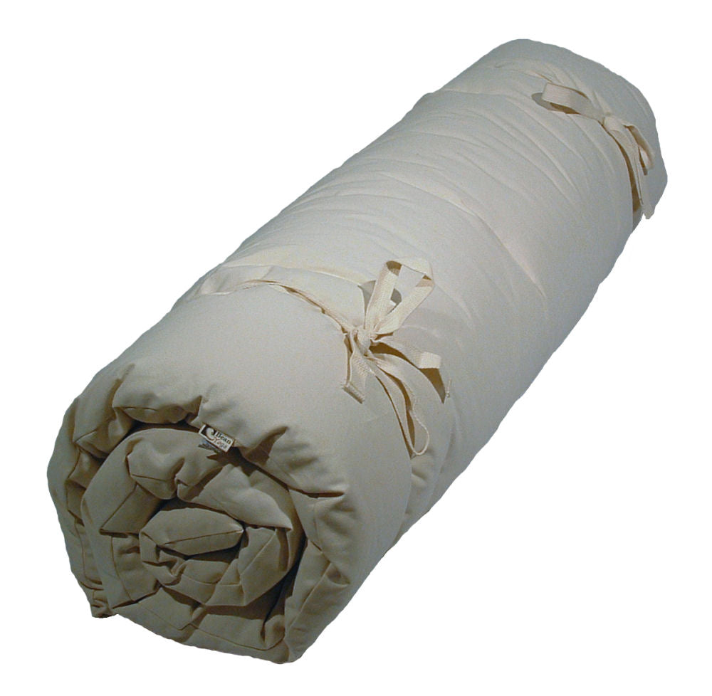 Rolled natural cotton yoga mat with ties, lightweight and portable