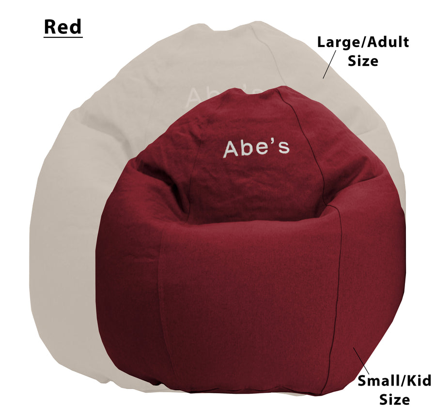organic cotton bean bag chair showing adult and kid size comparison