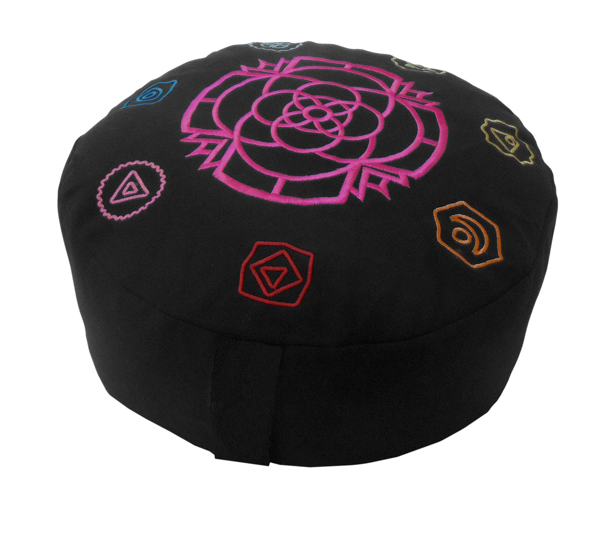 Black zafu cushion with pink chakra mandala and colorful chakra icons