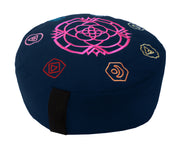 Navy zafu meditation cushion with pink chakra mandala and multicolor chakra symbols