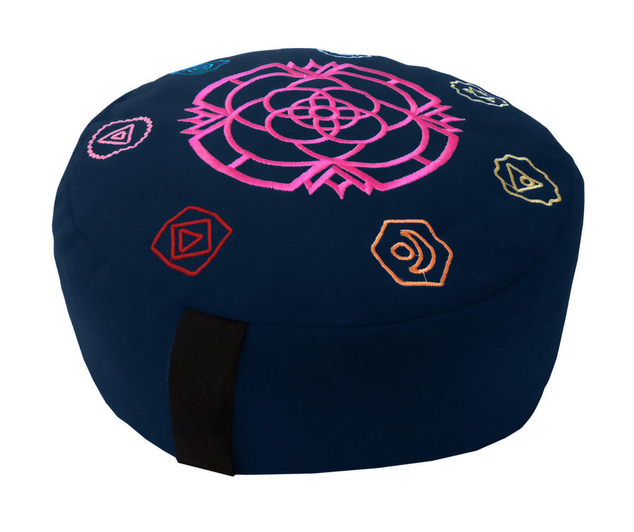 Navy zafu meditation cushion with pink chakra mandala and multicolor chakra symbols