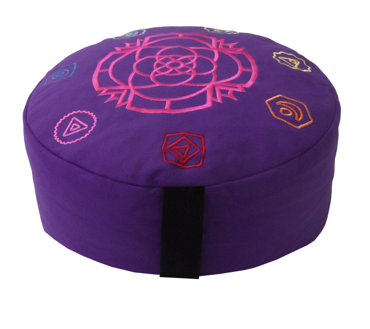 Purple zafu meditation cushion with pink chakra mandala and chakra symbols