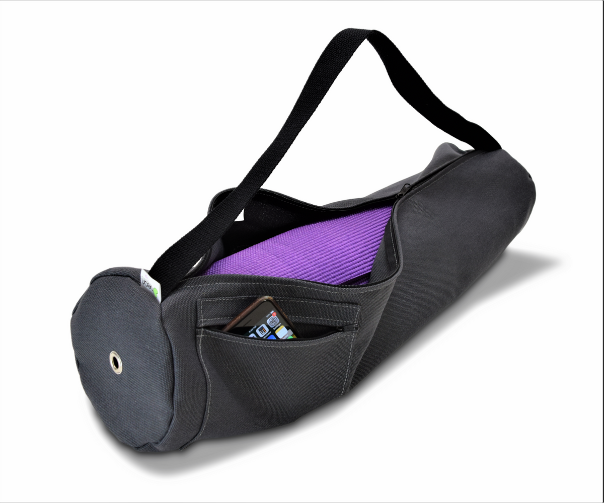 Black hemp yoga mat bag open showing large storage compartment