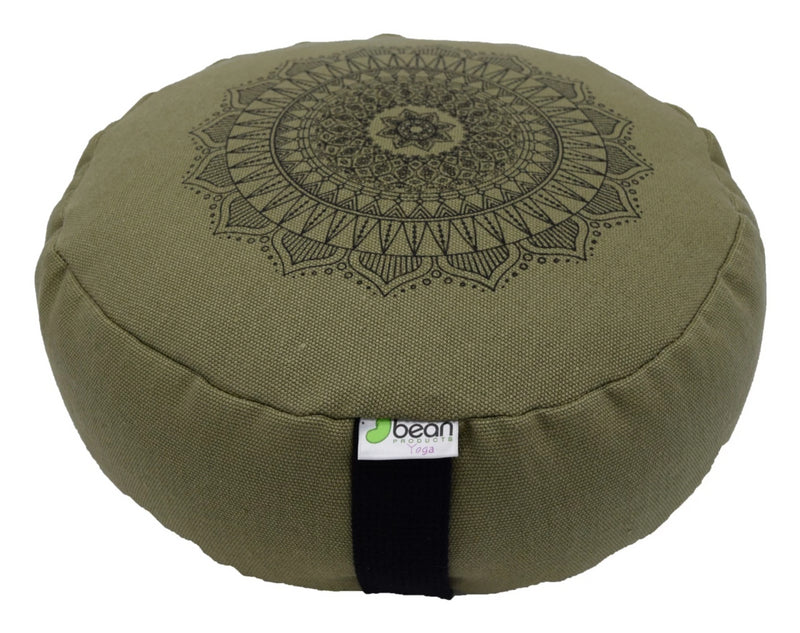 Hemp Zafu meditation cushion organic buckwheat hull fill with mandala design made in USA cactus green