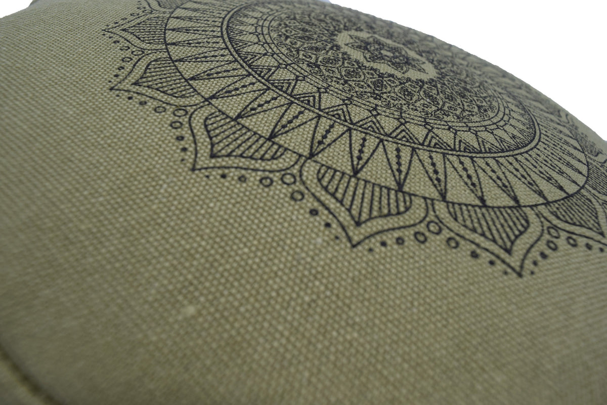 Hemp Zafu meditation cushion organic buckwheat hull fill with mandala design made in USA cactus green close up