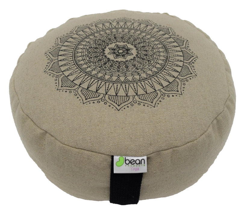 Hemp Zafus meditation cushions organic buckwheat hull fill with mandala design made in USA natural round black print