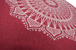 Hemp Zafu meditation cushion organic buckwheat hull fill with mandala design made in USA cactus red close up