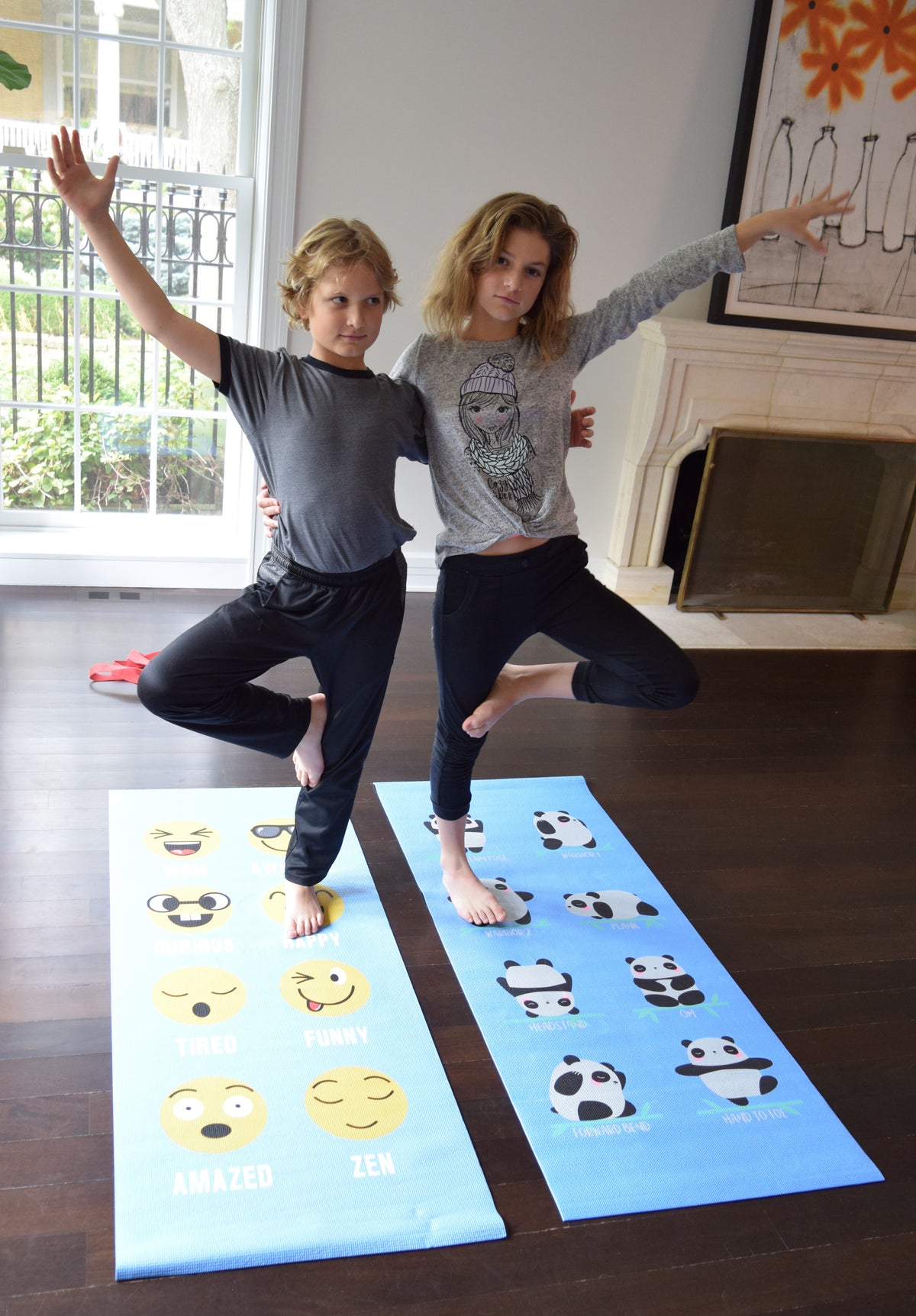Two children exercising on emoji yoga mats at home, non-slip surface for kids fitness and play