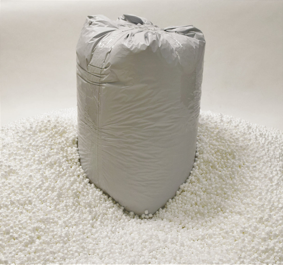 Large sealed bag of non-toxic recycled bean bag filling beads ready for use