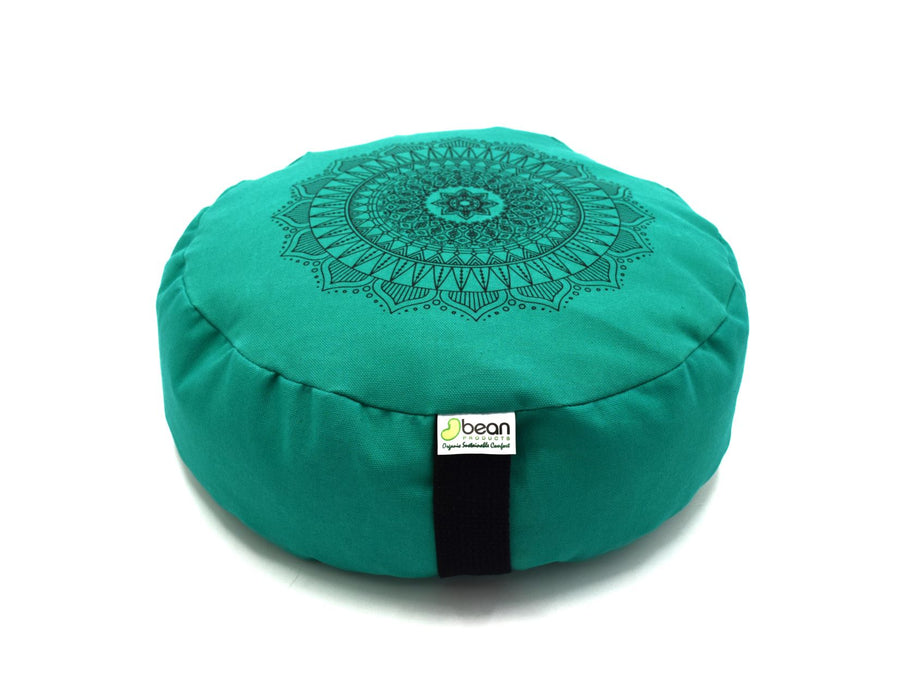 Round teal green meditation cushion with detailed mandala pattern cotton fabric