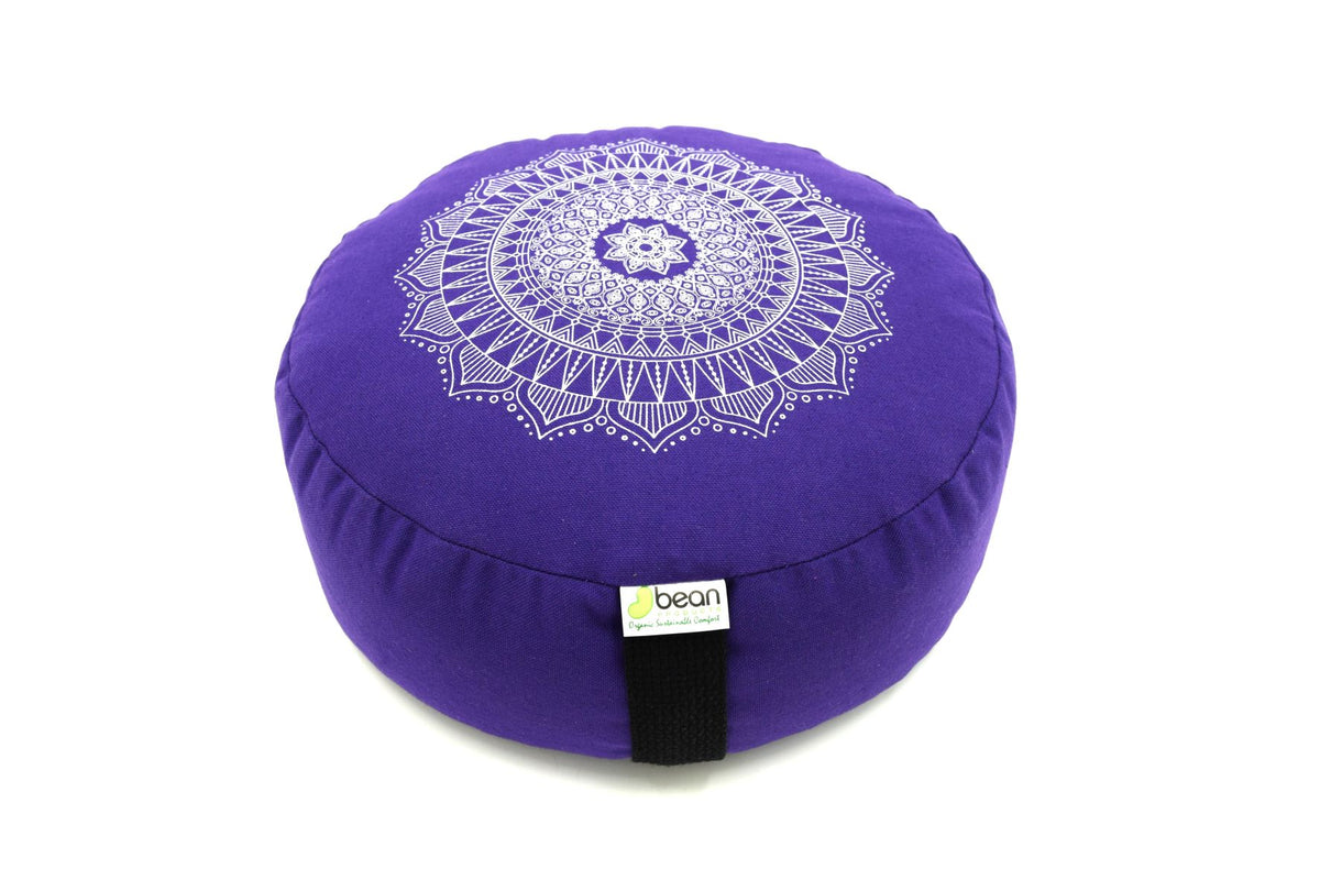 Purple round meditation cushion with intricate mandala design cotton cover
