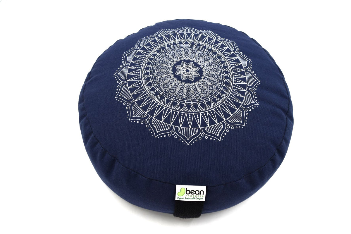Dark navy blue round cushion with mandala print cotton meditation pillow