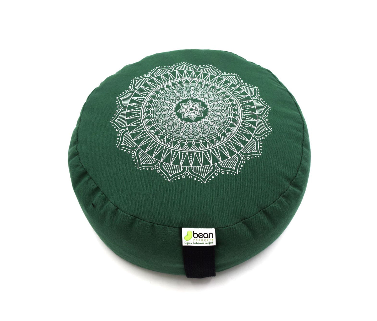 Forest green round yoga cushion with mandala print soft cotton cover