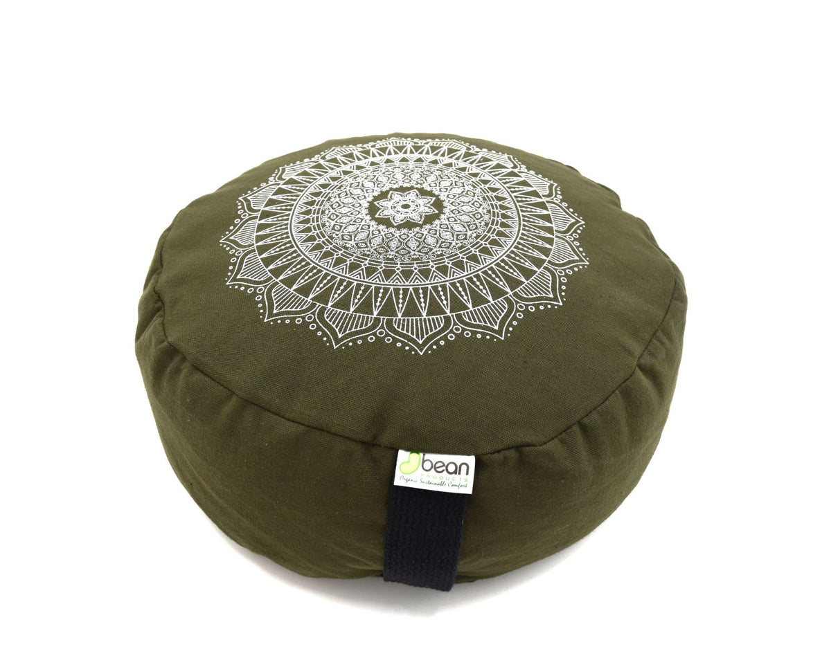 Olive green round floor cushion with decorative mandala cotton design