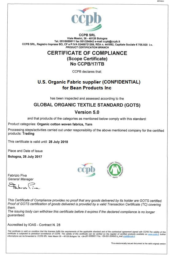 Product certification label for organic cotton shower curtain