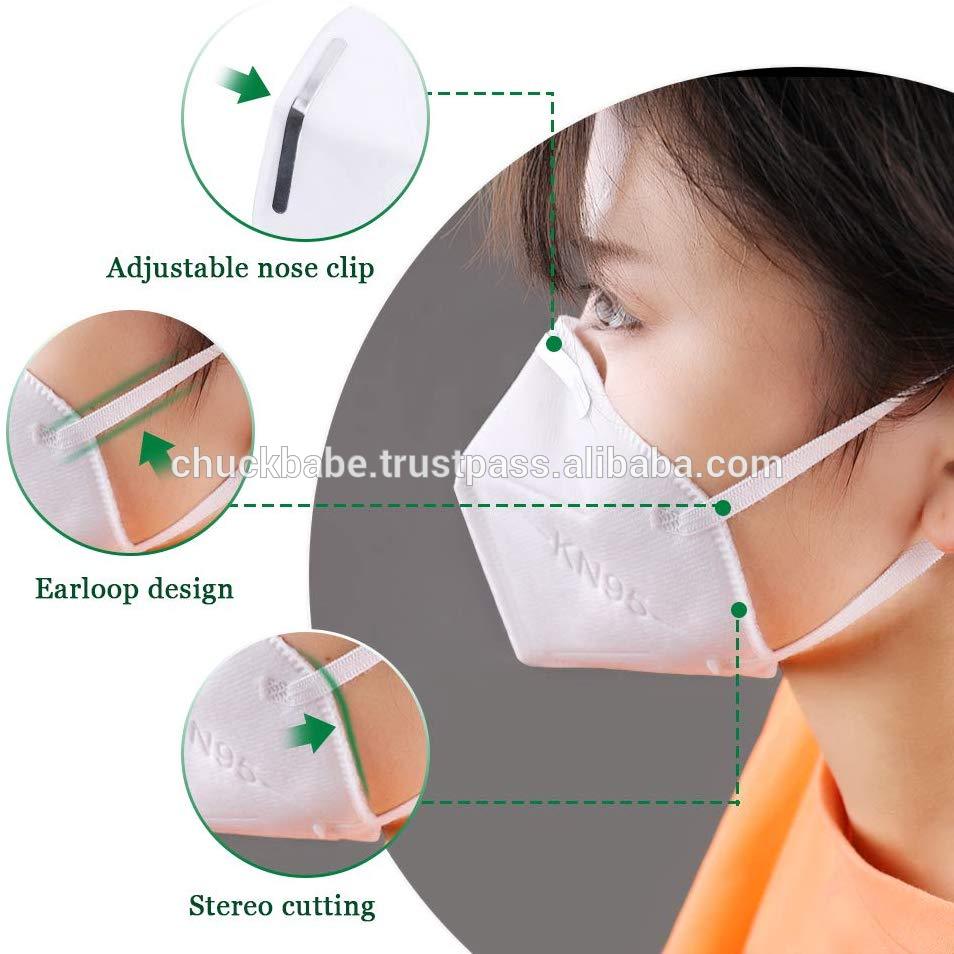 Close-up of KN95 face mask with adjustable nose clip and ear loops protective mask 10 pack