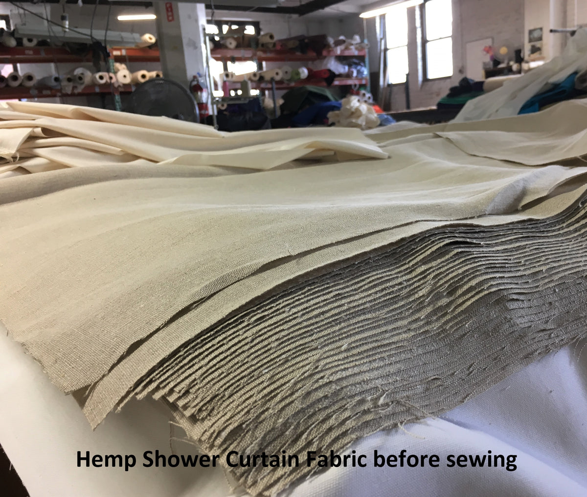 Hemp shower curtain fabric in production – sustainable USA manufacturing