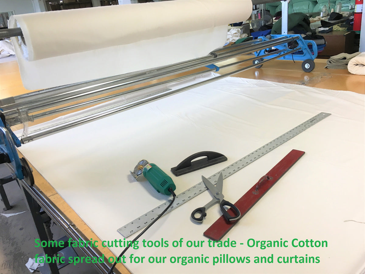 Cutting hemp fabric for shower curtain – made in USA craftsmanship