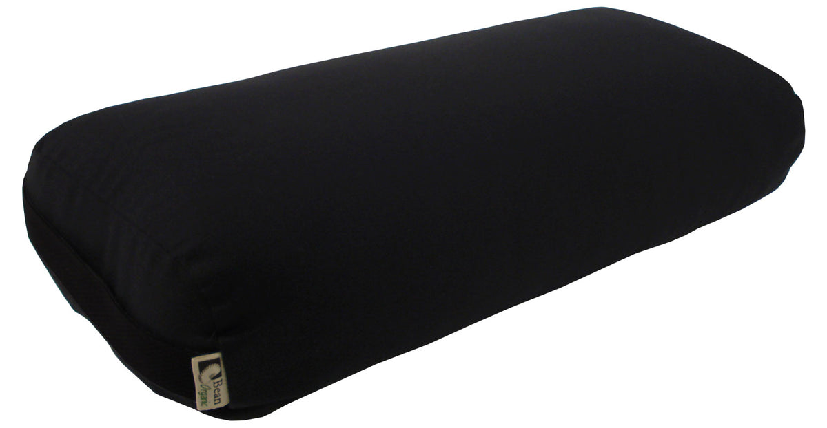 Black round yoga bolster made from organic cotton, cylindrical yoga cushion for restorative yoga, meditation and support