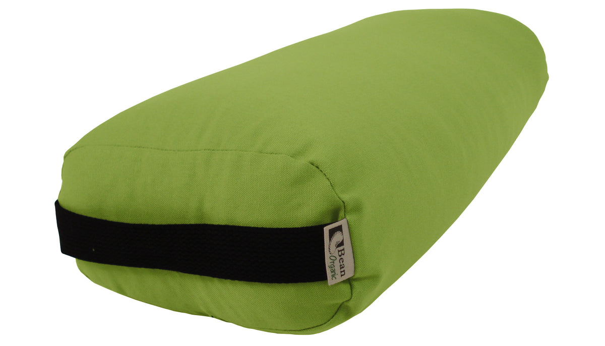 Olive green pranayama round yoga bolster in organic cotton, compact cylindrical cushion for breathing exercises