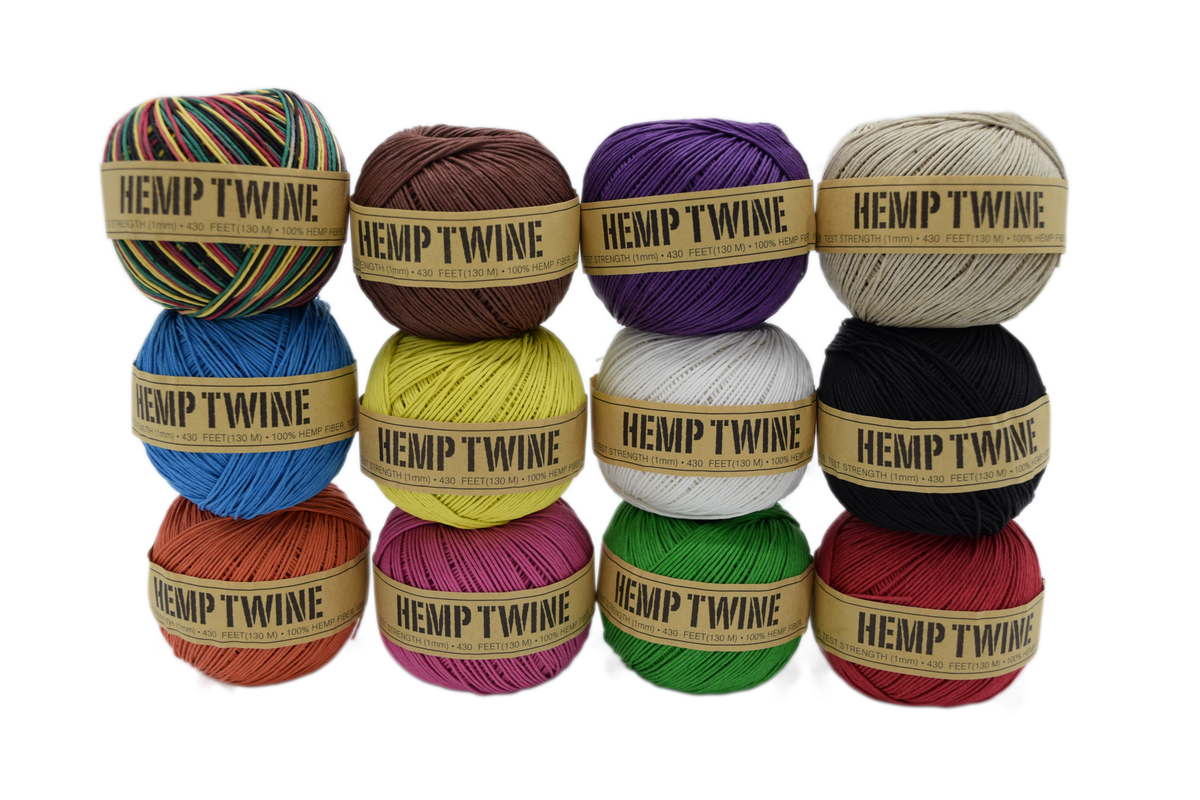 Assorted colored hemp twine balls set for crafting, jewelry making and DIY decor.