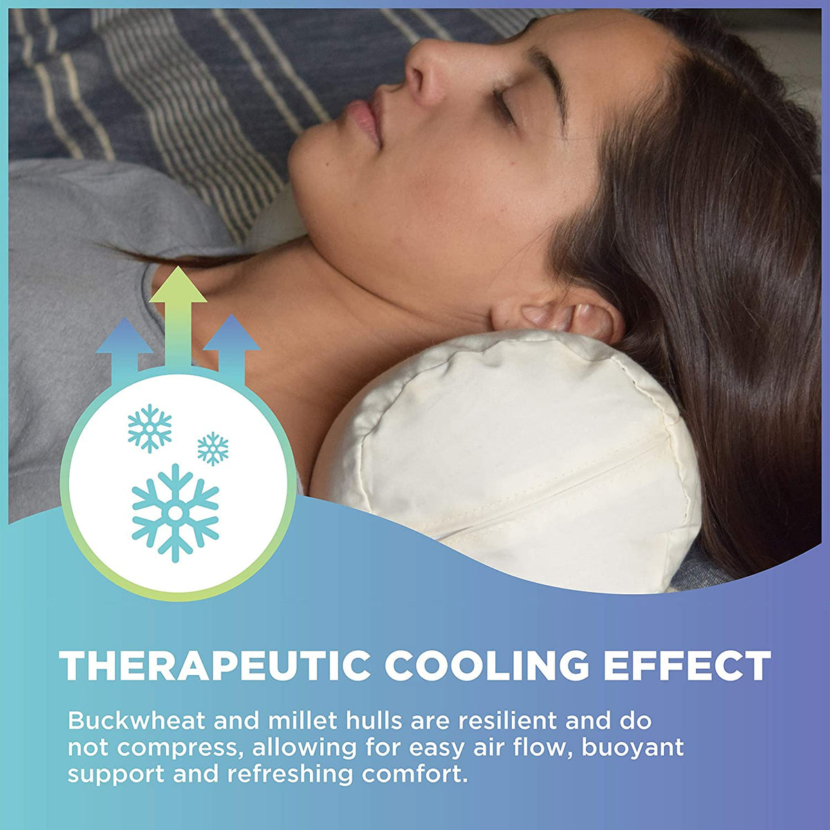 Therapeutic cooling neck roll pillow with natural buckwheat hulls for comfort
