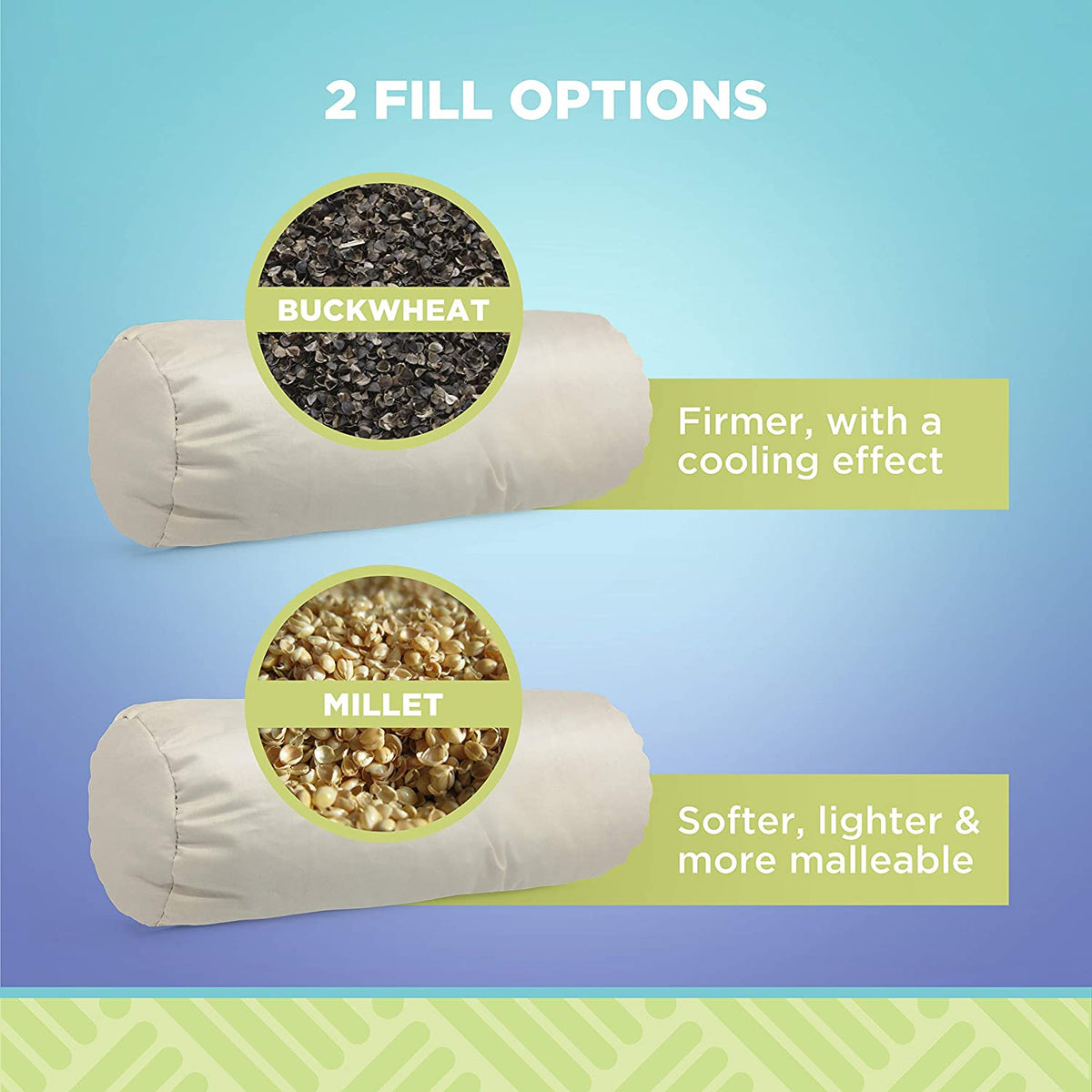 Neck roll pillow fill options showing buckwheat and millet hulls comparison