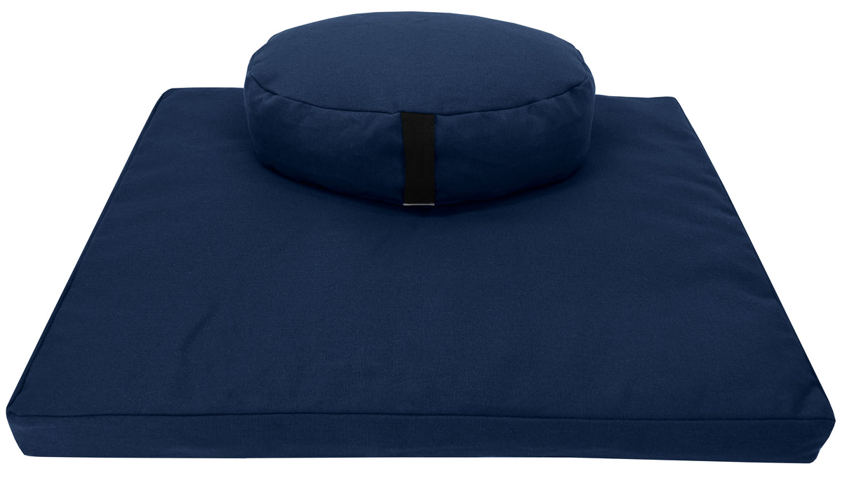 Deep blue hemp meditation cushion set featuring round zafu and zabuton with organic buckwheat hulls