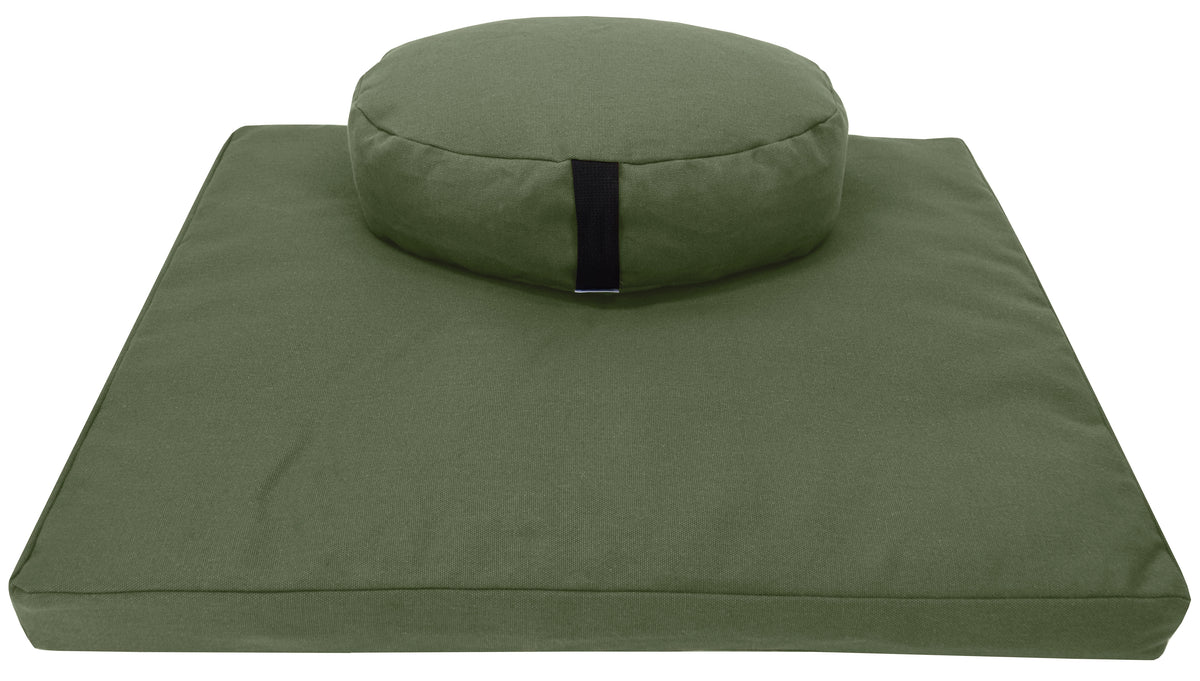 Olive green hemp meditation cushion set with round zafu and zabuton filled with organic buckwheat hulls