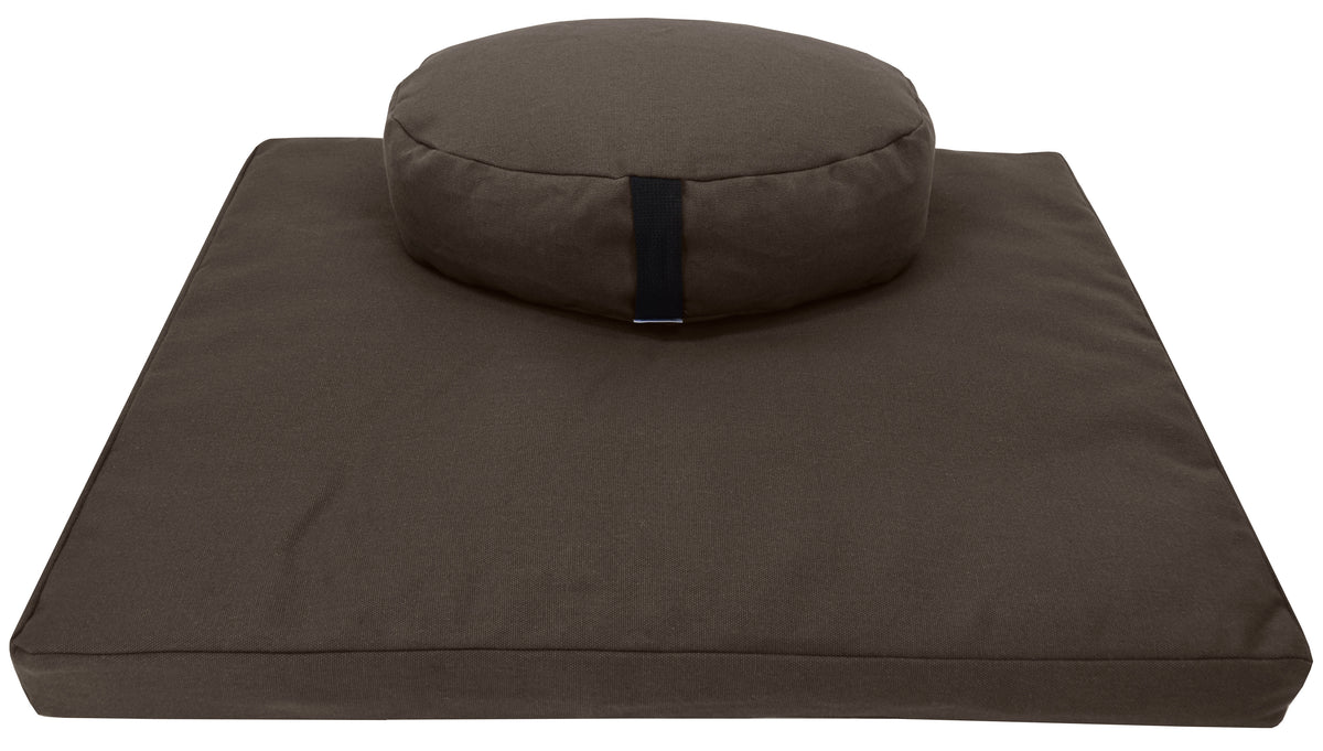 Brown hemp meditation cushion set with round zafu and zabuton filled with organic buckwheat hulls