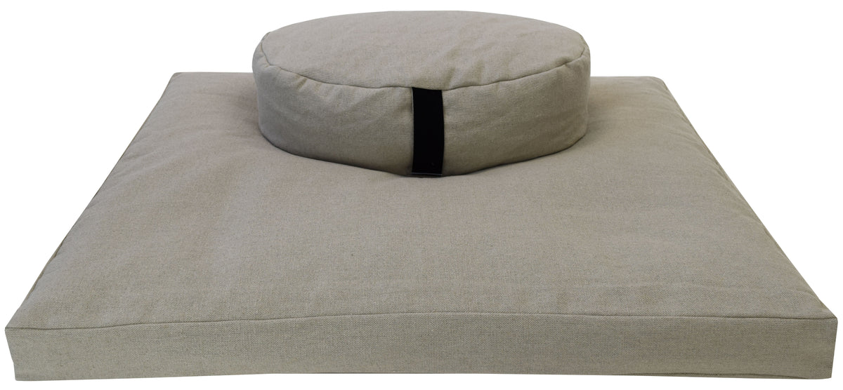 Light beige hemp meditation cushion set including round zafu and zabuton filled with buckwheat hulls