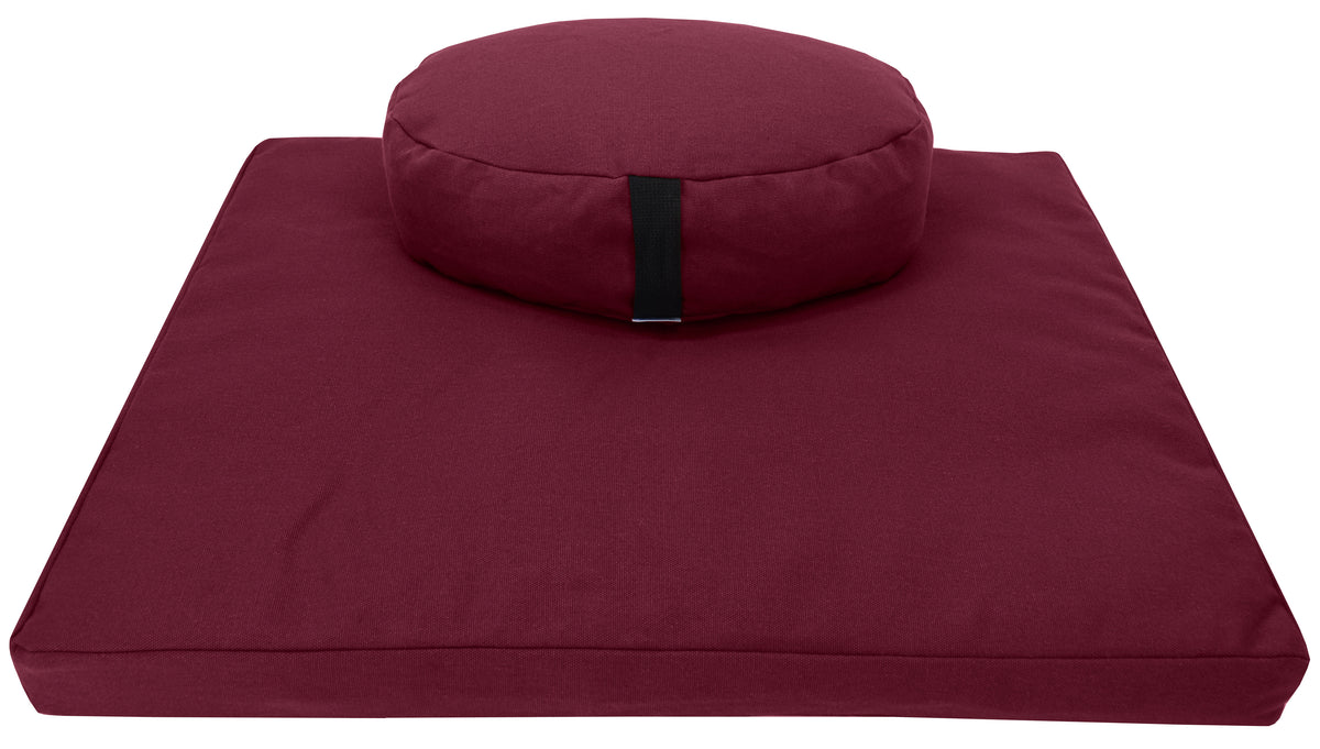 hemp meditation cushion set with round zafu and zabuton, organic buckwheat hull filling