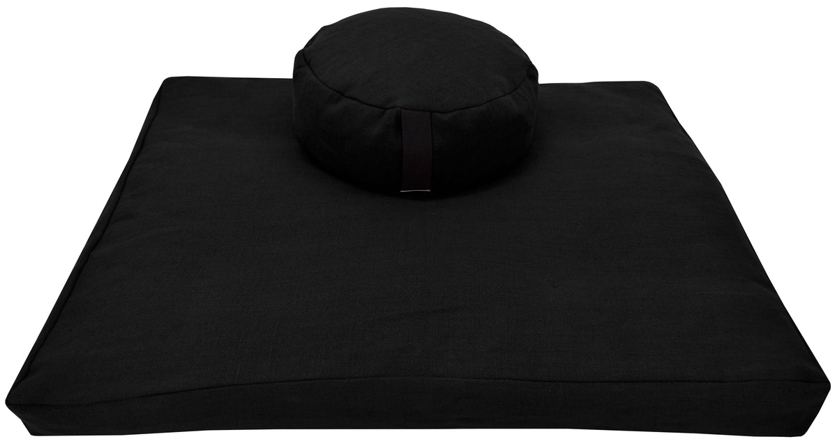Minimalist black hemp zafu and zabuton set with organic buckwheat hulls for comfortable meditation posture