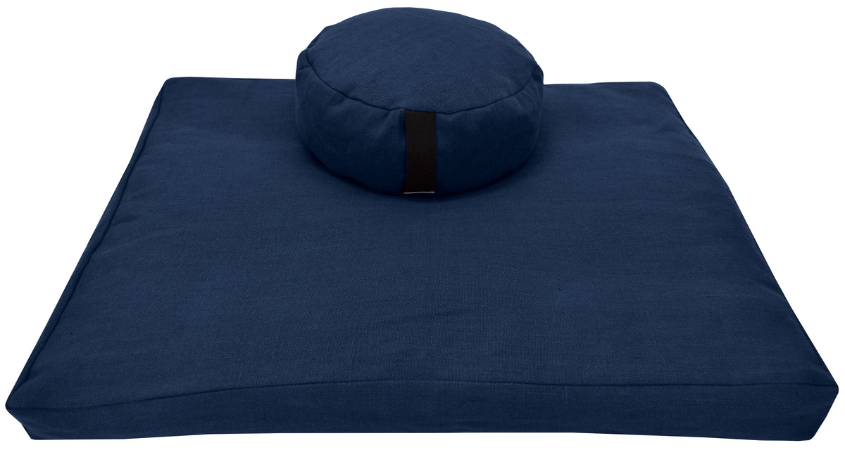 Navy blue hemp zafu and zabuton meditation cushion set with organic buckwheat hull filling
