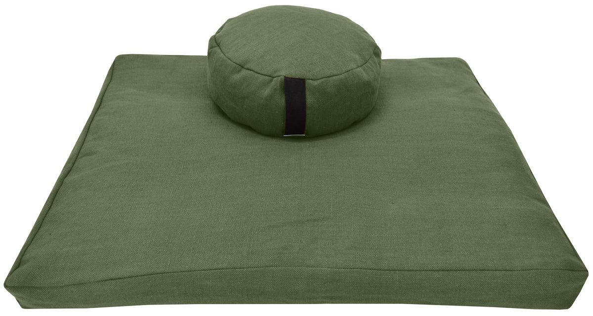 Sage green hemp zafu and zabuton meditation set made from hemp fabric with organic buckwheat hull filling