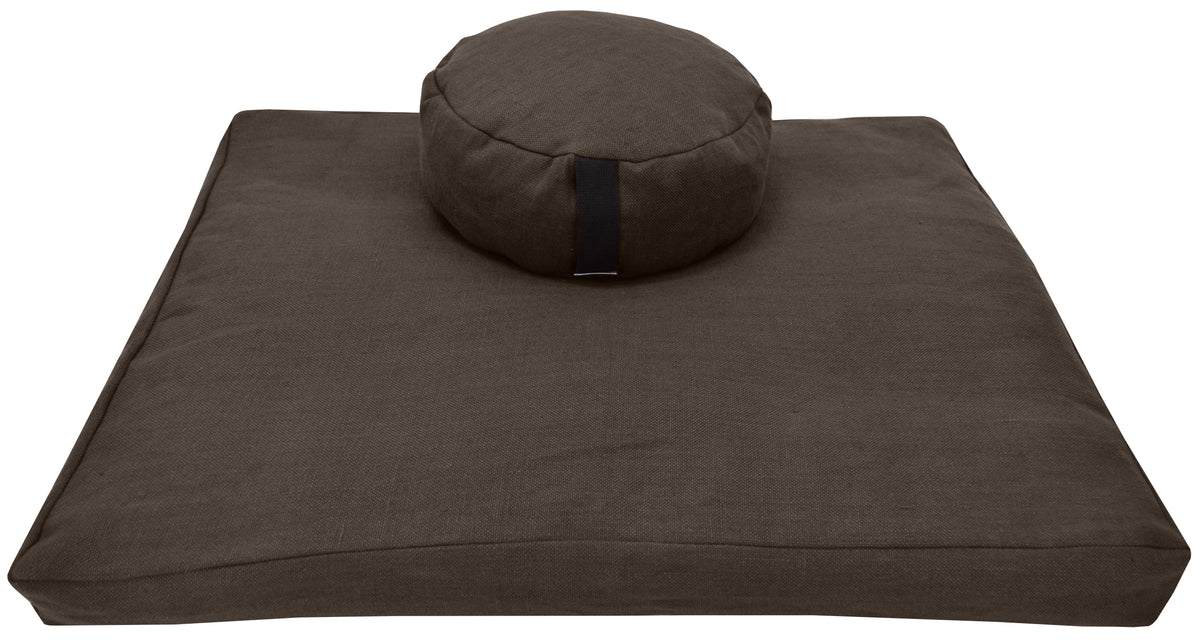 Taupe hemp zafu and zabuton set made with durable hemp fabric and filled with organic buckwheat hulls