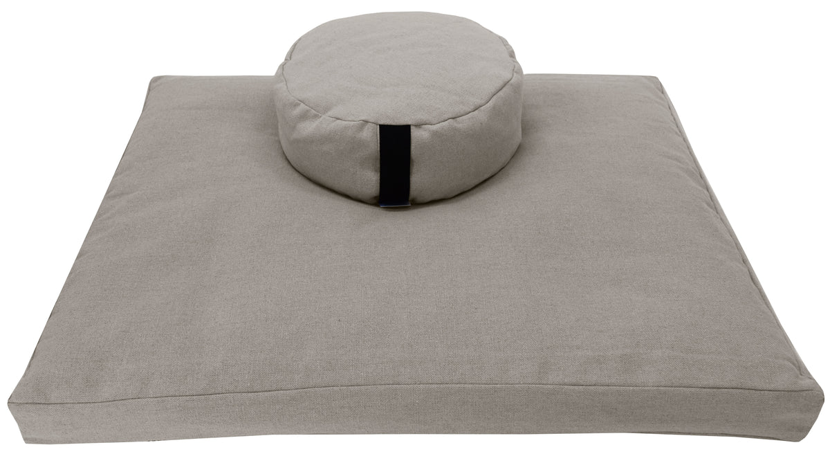 Natural beige hemp zafu and zabuton meditation cushion set with organic buckwheat hulls